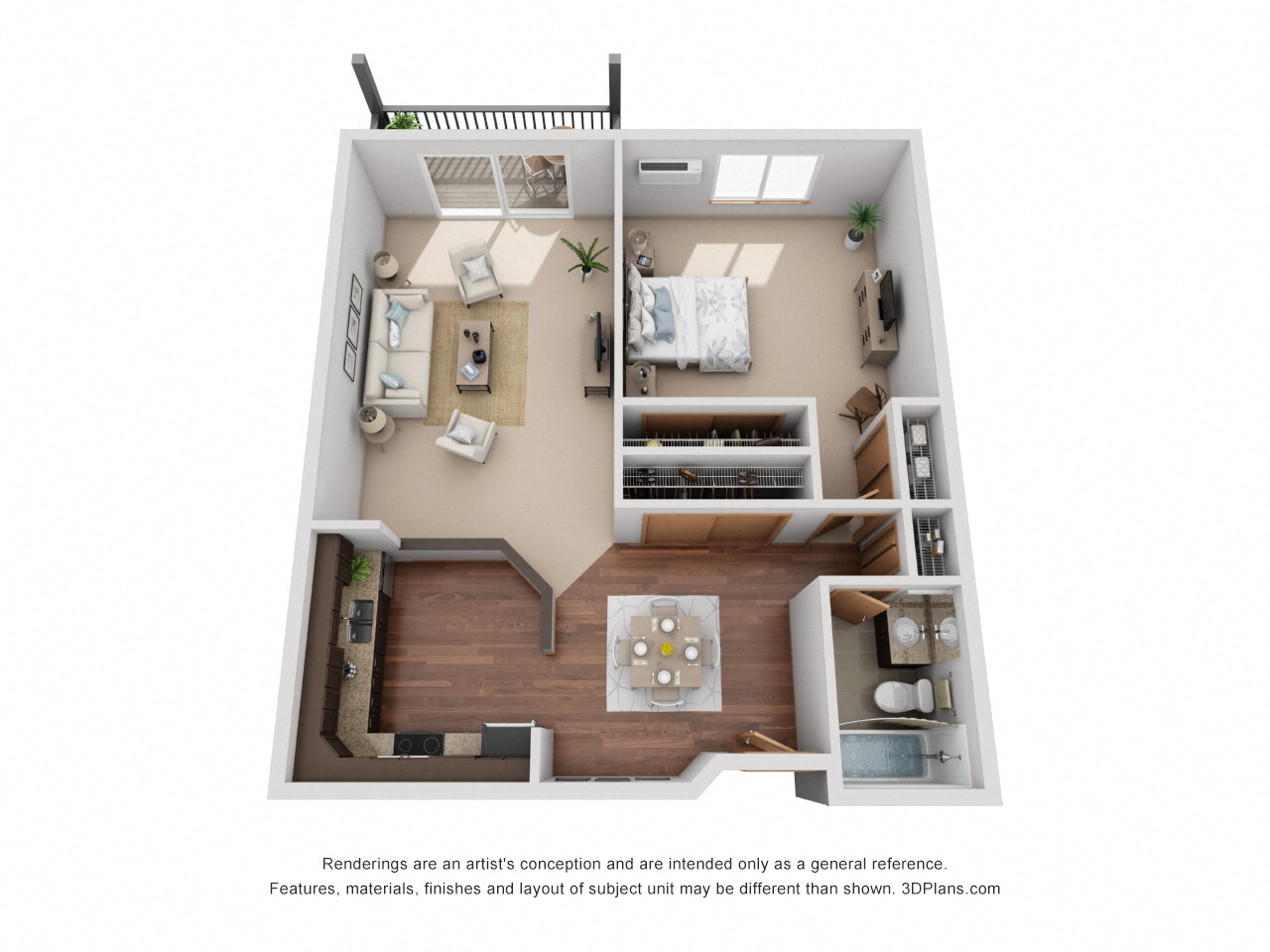 Floor plan for 1 bed, 1 bath, 767 sqft